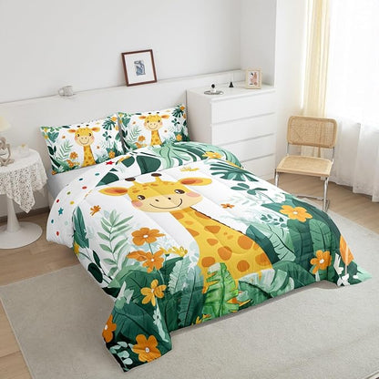 Castle Fairy Giraffe Comforter Set Toddler Size Cartoon Jungle Animal Bedding Set Bedroom Decor Tropical Palm Leaves Flower Quilt Set for Kids Boys Girls Cute Giraffe Duvet Insert 2Pcs