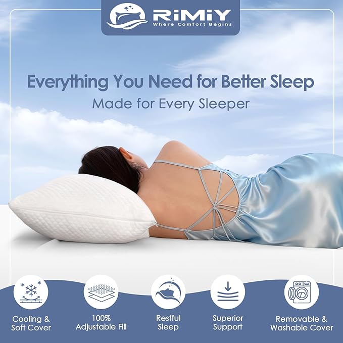 Firm Shredded Memory Foam Pillows Queen Size Set of 2, Cooling Bed Pillow w/Adjustable Loft for Side, Back & Stomach Sleepers, Removable Washable Bamboo Rayon Cover, CertiPUR-US Certified Foam