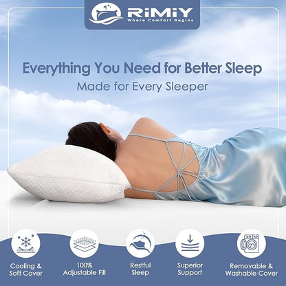 Firm Shredded Memory Foam Pillows King Size Set of 2, Cooling Bed Pillow w/Adjustable Loft for Side, Back, and Stomach Sleepers, Removable Washable Bamboo Rayon Cover, CertiPUR-US Certified Foam