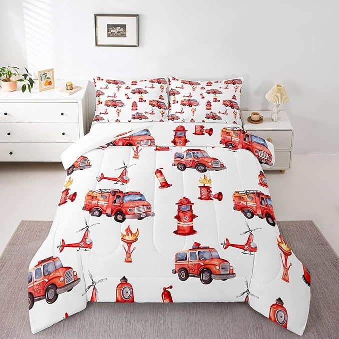 Fire Truck Red Comforter King for Kids Toddler Boys - Firefighter Supplies Pattern Bedding With Scaling Ladder, Extinguisher, Helicopter, Hydrant Print - Fire Theme Decor Duvet Set