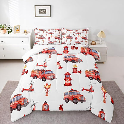 Fire Truck Red Comforter King for Kids Toddler Boys - Firefighter Supplies Pattern Bedding With Scaling Ladder, Extinguisher, Helicopter, Hydrant Print - Fire Theme Decor Duvet Set