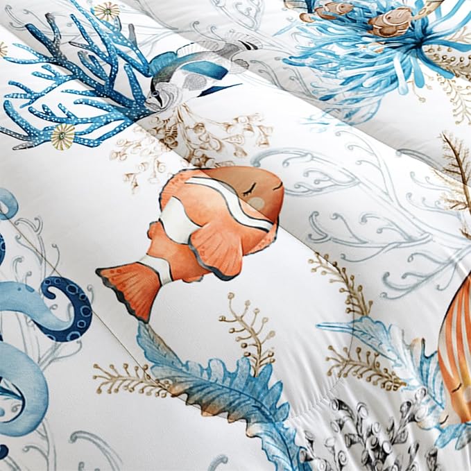 Blue Sea Turtle Themed Comforter 3Pcs Full Wild Ocean Animal Tortoise Fish Bedding Set for Kid Teen Girl Boy Adult Coral Clownfish Octopus Quilt Bed Decor with 1 Comforter and 2 Pillowcases