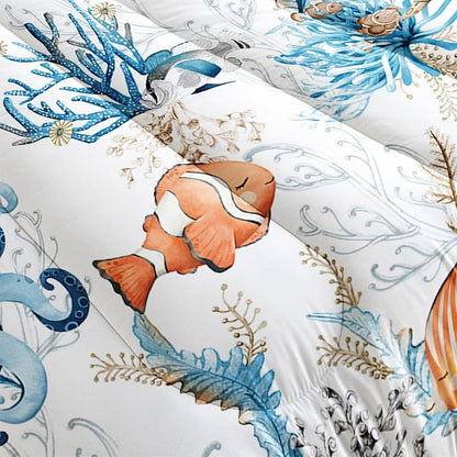 Blue Sea Turtle Themed Comforter 3Pcs Queen Wild Ocean Animal Tortoise Fish Bedding Set for Kid Teen Girl Boy Adult Coral Clownfish Octopus Quilt Bed Decor with 1 Comforter and 2 Pillowcases