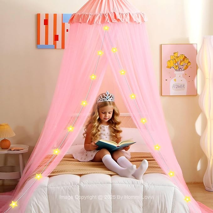 Pink Bed Canopy for Girls with Stars Lights, Princess Canopy Bed Curtains for Twin, Full, Queen Size Bed Hanging Canopy for Girls Room Decor, Kids Sheer Canopy Curtain