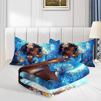 Black Little Mermaid Pattern Twin Comforter Set,Underwater World Ocean Themed Bedding Sets for Kids Toddlers Girls Boys Room Decor,Princess Bedding with 2 Pillowcases.
