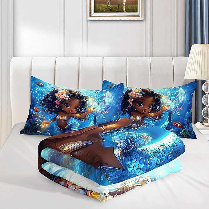 Black Little Mermaid Pattern King Comforter Set,Underwater World Ocean Themed Bedding Sets for Kids Toddlers Girls Boys Room Decor,Princess Bedding with 2 Pillowcases.