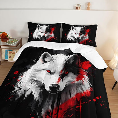 Black and White Wolf Comforter Set King Size,Wild Animal Themed Bedding Sets for Kids Boys Girls Teens Room Decor,Western Comforter Set with 2 Pillowcases.