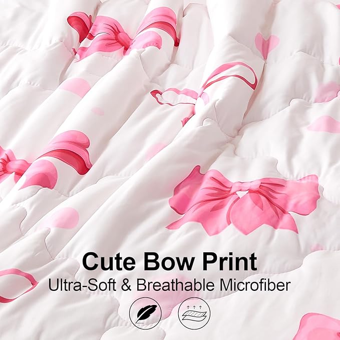 Wajade 7 Piece Pink Bow Bedding Set for Girls Kids Twin Size Comforter Set with Sheet and 2 Pillowcases 2 Pillow Shams Cute Girls Bed in a Bag as Birthday Choice