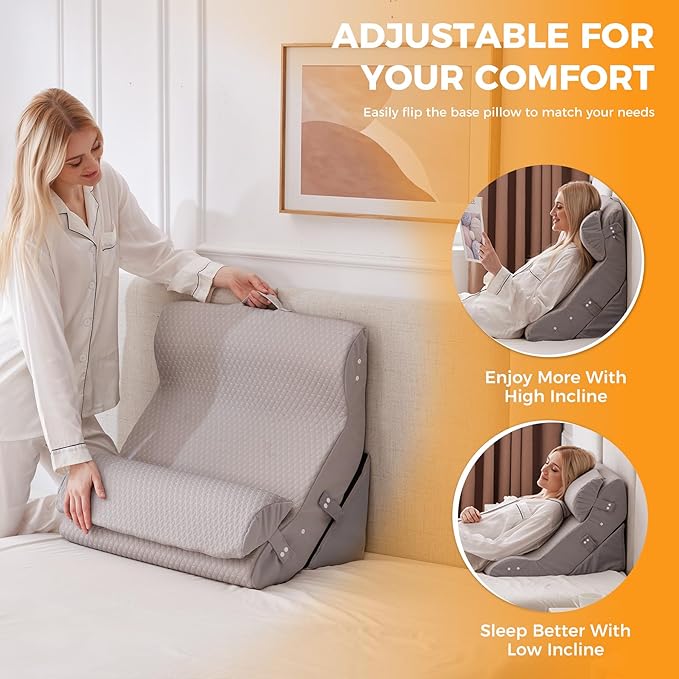 3PCS Wedge Pillow Set for After Surgery, 10-in-1 Adjustable Wedge Pillow for Acid Reflux Relief, Bed Wedge Pillows for Sleeping, Snoring & Back Pain Relief, Sit up Pillow for Bed, Grey