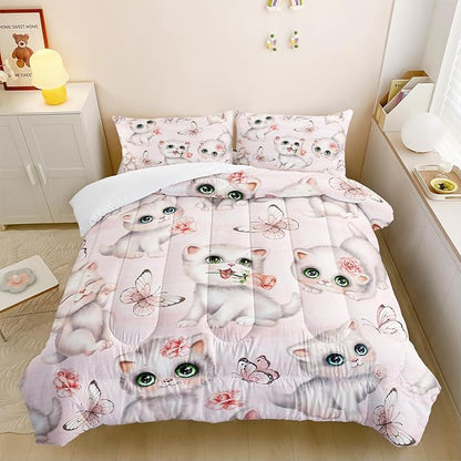 Kids Bedding Queen Cartoon Cat Comforter 3 Pieces Pink White Cat Butterflies Comforter Set for Teens Kids Boys Girls Adults Kawaii Flower Quilt with 1 Comforter and 2 Pillowcases