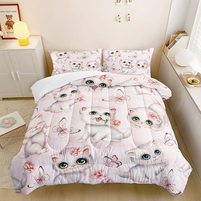 Kids Bedding Full Cartoon Cat Comforter 3 Pieces Pink White Cat Butterflies Comforter Set for Teens Kids Boys Girls Adults Kawaii Flower Quilt with 1 Comforter and 2 Pillowcases