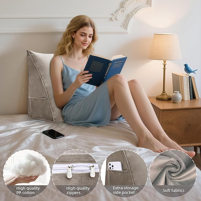Wedge Headboard Reading Pillow for Bed Velvet Triangular Backrest Bolster Pillow for Sitting Up Daybed Cushion Lumbar Body Support Positioning for Headboard, Couch, Dorm, Camel