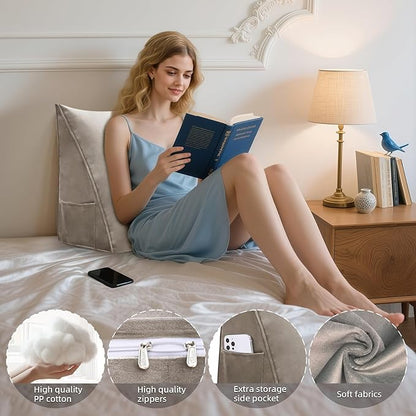 Wedge Headboard Reading Pillow for Bed Velvet Triangular Backrest Bolster Pillow for Sitting Up Daybed Cushion Lumbar Body Support Positioning for Headboard, Couch, Dorm, Camel