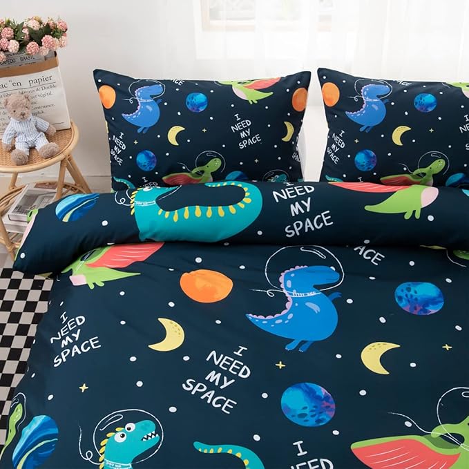CVHOUSE Space Dinosaur Bedding Set for Boys Kids Teens, Queen Size, 3 Piece - 1 Duvet Cover 2 Pillowcases, Boy's Bedroom Decor