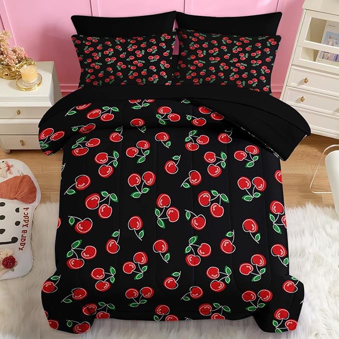 Nesker 7 Pcs Comforter Set Full Size, Retro Red Black Bedding for Kids Teen, Cherry Fruit Bed Sheet with Pillowcase & Sham