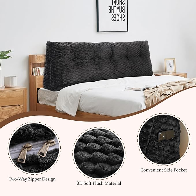 Large Headboard Wedge Pillow, 59 * 20 * 8In Bed Rest Reading Pillow, Back Support Long Pillow, Bed Bolster Rest Reading Pillow with Removable Cover (Black, Queen)