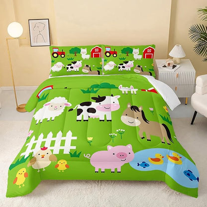 QOOMO Farm Animal Comforter,Pig Cow Sheep Comforter Set for Kids Teens Girls Boys,3Pcs Bedding Set Printed Comforter with 2 Pillowcases,Down Alternative,Soft and Lightweight，Twin Size