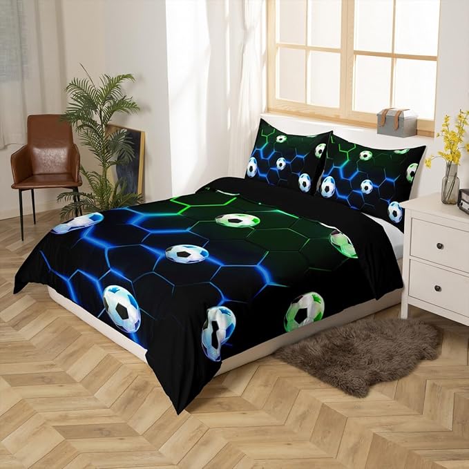 Castle Fairy Sports Football Duvet Cover Set Twin Size,Green and Blue Honeycomb Hexagon Comforter Cover for Kids Boys,Geometric Theme Bedding Set with 1 Pillowcase Soft Polyester Bedspread