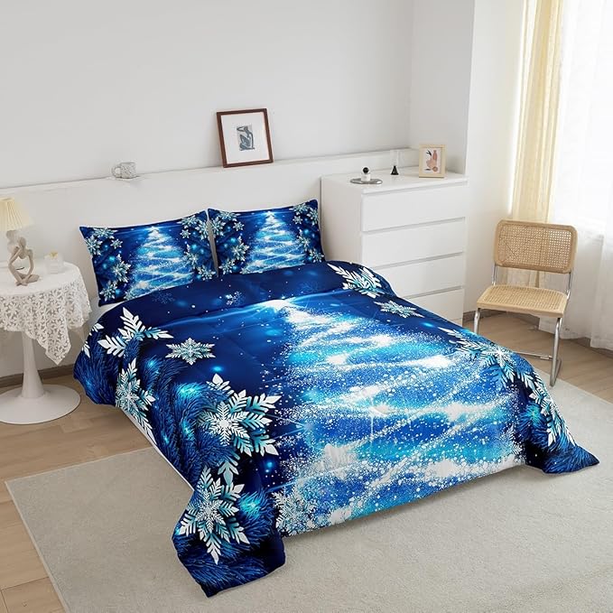 Feelyou Girls Christmas Tree Comforter Set Blue Xmas Theme Comforter Toddler Chic Winter Snowflake Bedding Set for Girls Daughter Bedroom Decor Soft Girly Glitter Quilted Duvet Winter Warm Bedding