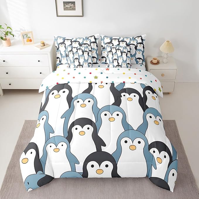 Feelyou Penguin Comforter Set with Sheets Cartoon Penguin 7 Piece Bedding Set for Kids Boys Girls Cute Polar Animal Pattern Bed in a Bag Queen Size Snowy Winter Bed Set