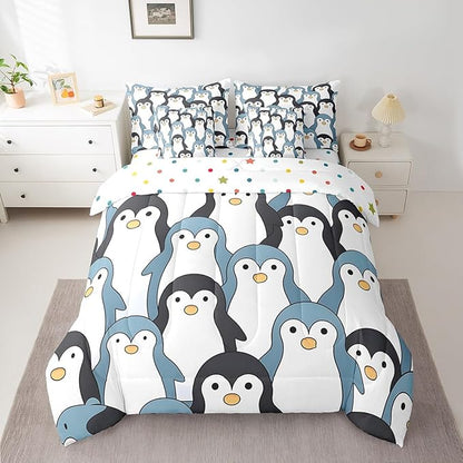 Feelyou Penguin Comforter Set with Sheets Cartoon Penguin 7 Piece Bedding Set for Kids Boys Girls Cute Polar Animal Pattern Bed in a Bag King Size Snowy Winter Bed Set