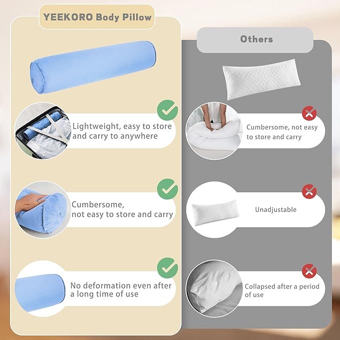 Inflatable Body Pillow for Adults Kids, 47 Inch Body Pillows for Side Sleeper, Travel Body Pillow for Bed, Bolster Pillow, Round Cervical Cylinder Pillow for Sleeping