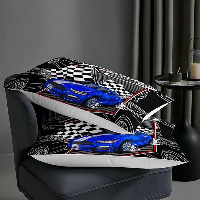 AILONEN Blue Racing Car Comforter Set Twin Size, Racing Flag Black White Bedding Set for Boys Kids Teens,Extreme Sports Bed in a Bag 3Pcs,1 Quilt and 2 Pillowcases,Soft Microfiber for All Season