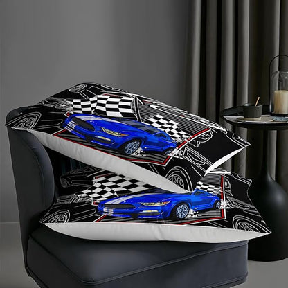 AILONEN Blue Racing Car Comforter Set Twin Size, Racing Flag Black White Bedding Set for Boys Kids Teens,Extreme Sports Bed in a Bag 3Pcs,1 Quilt and 2 Pillowcases,Soft Microfiber for All Season
