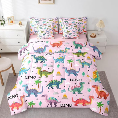 Feelyou Kids Cartoon Dinosaur 7 Piece Bedding Set Pink Colorful Dinosaur Comforter Set with Sheets for Boys Girls Jungle Dino Bed in a Bag Animal Theme Bed Set Soft Lightweight