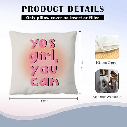 Yes Girl You Can Inspirational Pillow Covers 18x18, Positive Affirmation Gifts for Women Teen Girls, Preppy Pink Feminist Throw Pillow Covers Decorative for Home Teen Girls Room Dorm Apartment