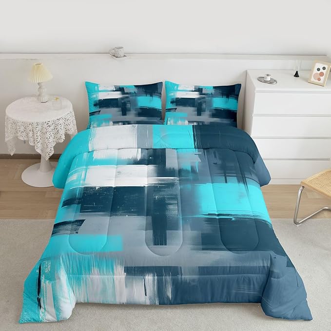 Feelyou Abstract Comforter Modern Abstract Art Comforter Set for Boys Girls Children Teal Blue Pattern Bedding Set Room Decor Twin Size Duvet Set 2Pcs