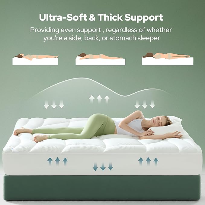 Queen Mattress Topper, Extra Thick Tencel™ Blend Pillow Top Mattress Pad, Soft and Breathable Mattress Cover for Back Pain Relief, Deep Pocket Design Fits 6–18 Inches Mattresses(White)