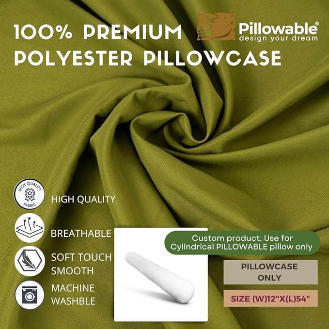 Case ONLY - Green 54x12 inches Round Body Pillowcase - Cover Only - Zipper Pillowcase - 100% Brushed Microfiber - Bolster Pillow Cover - Fits Only Pillowable Round Body Pillow