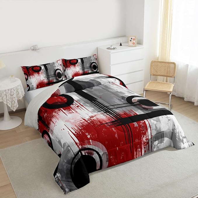 Feelyou Kids Abstract Comforter Set Toddler Size Modern Art Bedding Set for Boys Girls Teens Bedroom Decor Geometric Comforter Women Men Geometric Red Black Duvet Set with 1 Pillow Case