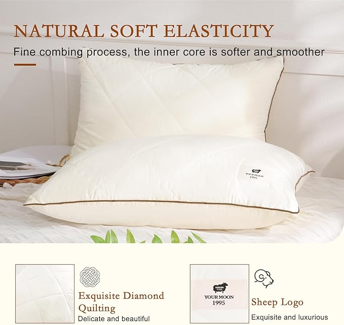 YOUR MOON Organic Wool Pillow Queen Size, Soft Support Bed Pillows for Sleeping, Natural Wool & Down Alternative Filling, Luxury Hotel Quality Pillows,100% Cotton Cover (Off White)