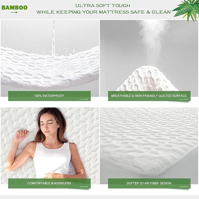 GRT King Size Waterproof Mattress Protector Rayon Bamboo - 3D Air Fiber Cooling Mattress Protector Cover, Breathable Mattress Pad Noiseless 8''-21'' Deep Pocket Machine Washable