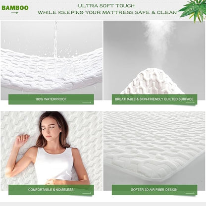 GRT King Size Waterproof Mattress Protector Rayon Bamboo - 3D Air Fiber Cooling Mattress Protector Cover, Breathable Mattress Pad Noiseless 8''-21'' Deep Pocket Machine Washable