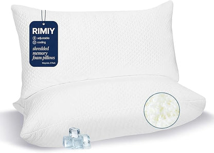 Firm Shredded Memory Foam Pillows King Size Set of 2, Cooling Bed Pillow w/Adjustable Loft for Side, Back, and Stomach Sleepers, Removable Washable Bamboo Rayon Cover, CertiPUR-US Certified Foam