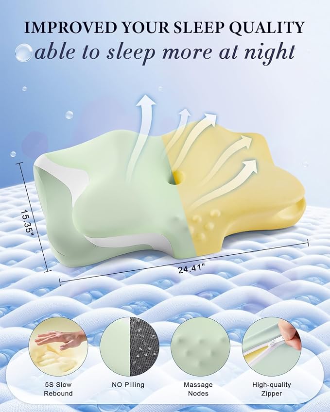 Cervical Neck Pillow, Cooling Ergonomic Memory Foam Pillows for Deep Sleep with Luxury Washable Pillowcase, Contour Orthopedic Neck Support Bed Pillows for Side Back Stomach Sleepers Queen Size-Green