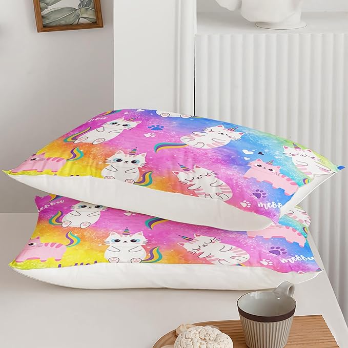 Axolotl Cat Bedding Comforter Set King,Cartoon Cat Bedding,Rainbow Gradient Printed Kids Bedding Set for Girls Adults Teens,Cute Kids Comforter All Season,1 Quilt 2 Pillow Cases,Colorful Pink Blue