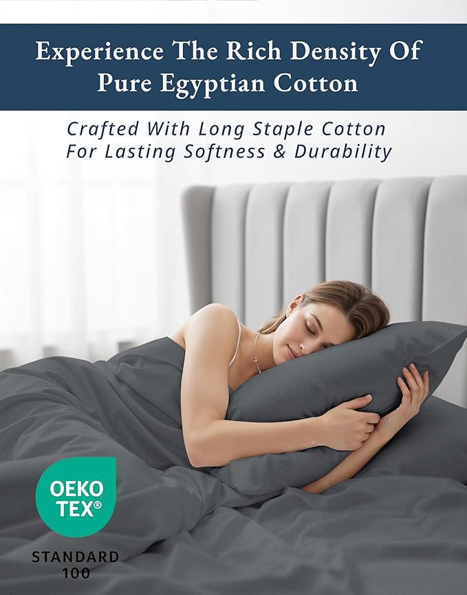 100% Egyptian Cotton King Bed Sheets – Silky Sateen Weave for All Season Comfort, 15" Deep Pocket King Sheets Set, OEKO-TEX Certified, Fade Resistant, Durable Hotel Comfort at Home -Swiss Dot Charcoal