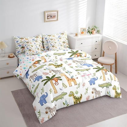 Feelyou Kids Zoo Animals 7 Piece Bedding Set Cute Giraffe Elephant Crocodile Comforter Set with Sheets for Kids Boys Girls Plants Printed Bed in a Bag Animal Theme Bed Set Soft Lightweight