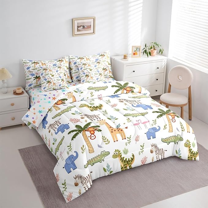 Feelyou Kids Zoo Animals 7 Piece Bedding Set Cute Giraffe Elephant Crocodile Comforter Set with Sheets for Kids Boys Girls Plants Printed Bed in a Bag Animal Theme Bed Set Soft Lightweight