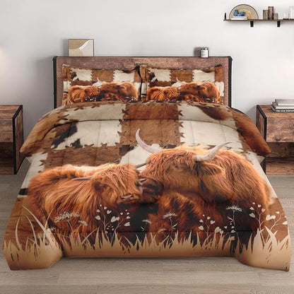 Full Size Comforter Set with 2 Pillowcase, Highland Cow Animal Bull Soft 3 Pcs Bedding for Kids and Adults, Farm Comforter Set for Room Bedroom Bed Decor