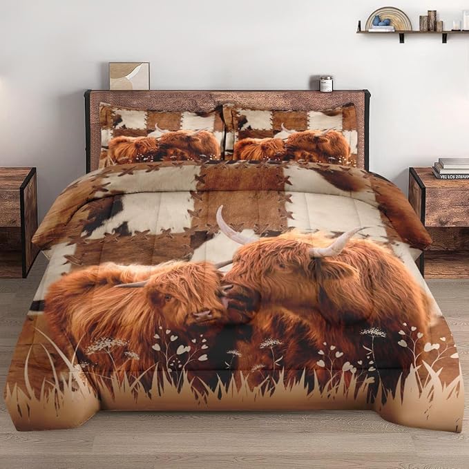 Twin Size Comforter Set with Pillowcase, Highland Cow Animal Bull Soft 2 Pcs Bedding for Kids and Adults, Farm Comforter Set for Room Bedroom Bed Decor