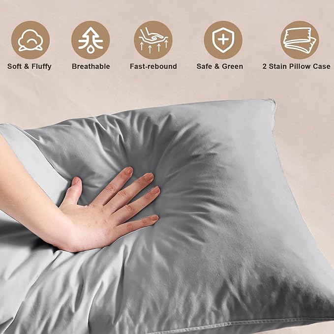 BHZ Grey Satin Goose Down Feather Pillows King Size Set of 2 with Satin Pillowcase for Hair and Skin, Cooling Pillow Cases Similar to Silk Pillow Cases, Decorative for Women, Mom Men