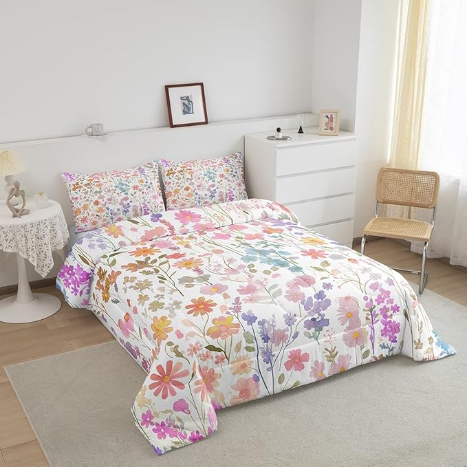 Erosebridal Cute Pink Floral Queen Bedding Set for Girls Kids Women,Colorful Boho Flower Comforter Set Farmhouse Home Decor,Watercolor Wildflower Quilt Bed Set Rustic Flowers Bed Comforter Set 3Pcs