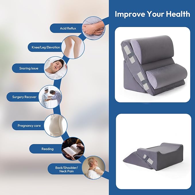 6PCS Wedge Pillow Set for After Surgery, Back Support Pillow for Bed, Bed Wedge Pillow for Post Surgery, Back Rest Pillow for Sitting in Bed, Pillow for Back Pain Relief, Plush Grey
