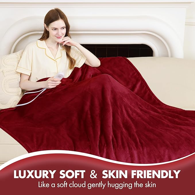 Electric Blanket Full Size 72" x 84" - Fluffy Ultra Soft Flannel Full Electric Blanket with 6 Heating Levels & 10 Hours Adjustable Timer, Fast Heating and Washable Blanket for Office (Red)