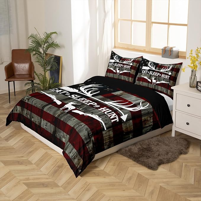 Eat Sleep Hunt Duvet Cover Set King Size,Deer Antler and Arrow Print Comforter Cover with 2 Pillowcases,3 Piece,Retro Stars Stripes American Flag Bedding Set for Adult Young Bedroom Xmas Gift